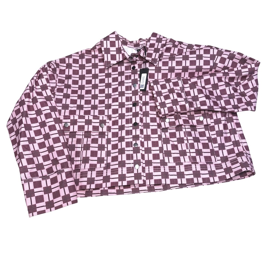 NWT The Kit. Mia Jacket Berry Glen Plaid Heavy Stretch Cotton Canvas Pink Purple